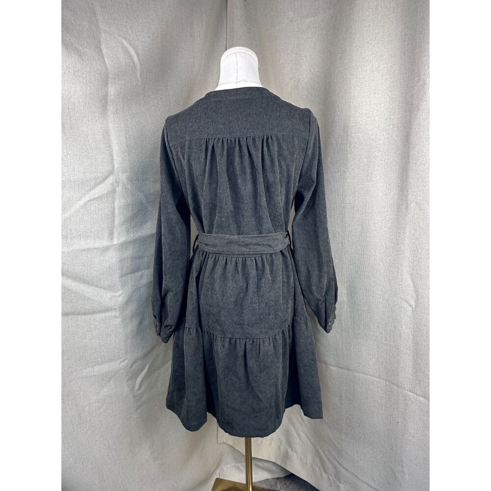 Simply Southern Gray Corduroy Belted Tiered Dress S - Picture 2 of 6